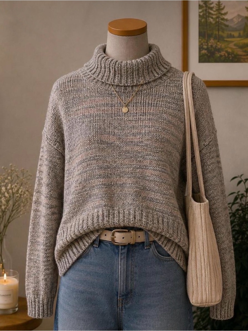 Cozy Grey Turtleneck Knit Sweater - Women
